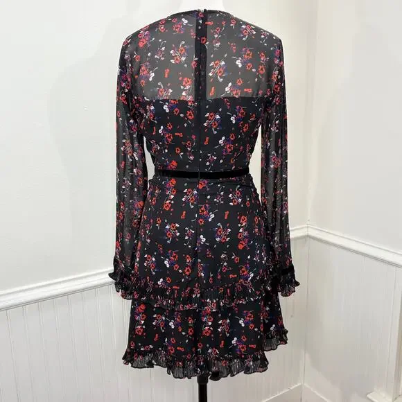 Lulus S Mini Dress Black Long Sleeve Floral Chiffon Ruffle Pleat Sheer Cottage - Picture 3 of 14